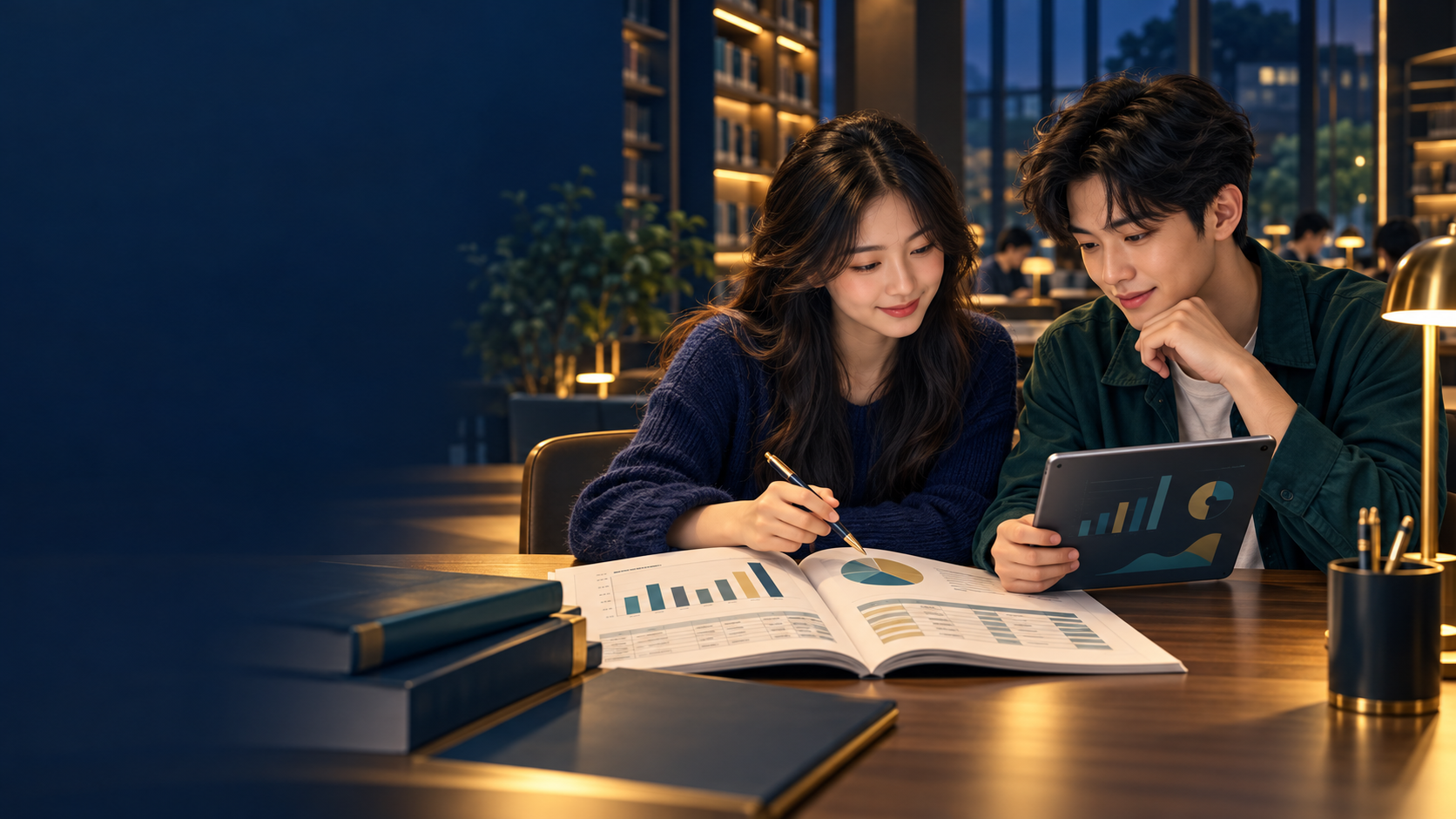 Two college students study finance together